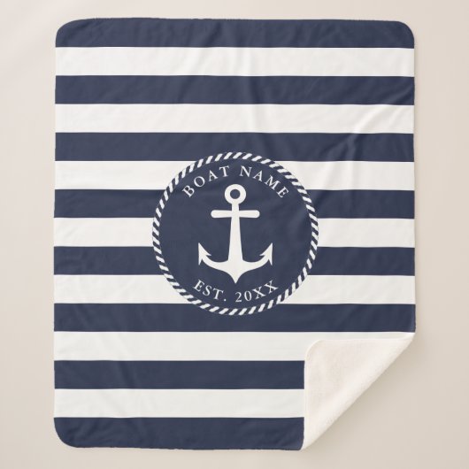 Nautical Navy Blue White Anchor Boat Name Sherpa Deken (Voorkant)