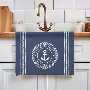 Nautical Navy Blue & White Anchor Boat Name Theedoek
