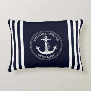 Nautical Navy Blue White Anchor Stripes Boat Name Accent Kussen