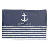 Nautical Navy Blue White Anchor Stripes Boat Name Kussensloop (Achterkant-Links)