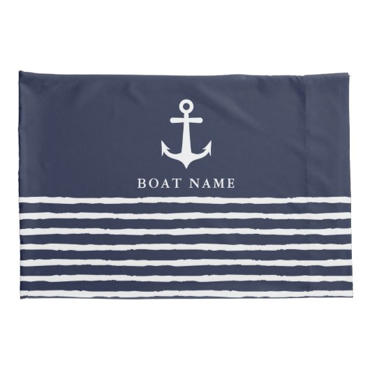 Nautical Navy Blue White Anchor Stripes Boat Name Kussensloop (Achterkant-Rechts)