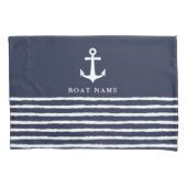 Nautical Navy Blue White Anchor Stripes Boat Name Kussensloop (Voorkant-Links)