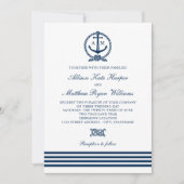 Nautical Navy Blue White Anchor Stripes Wedding Kaart (Voorkant)