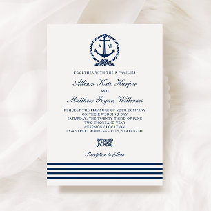 Nautical Navy Blue White Anchor Stripes Wedding Kaart