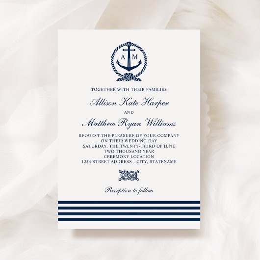 Nautical Navy Blue White Anchor Stripes Wedding Kaart