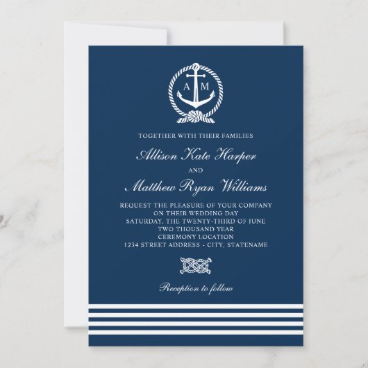 Nautical Navy Blue White Anchor Stripes Wedding Kaart (Voorkant)
