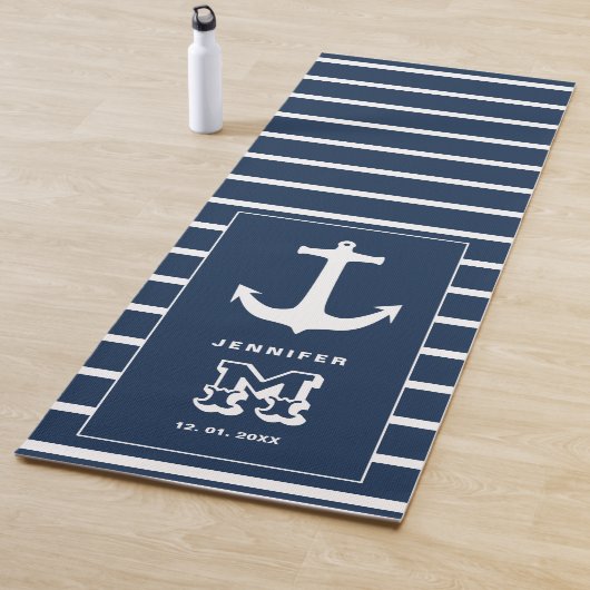 Nautical Navy Blue White Anchor Wedding Monogram Yogamat (In situ)