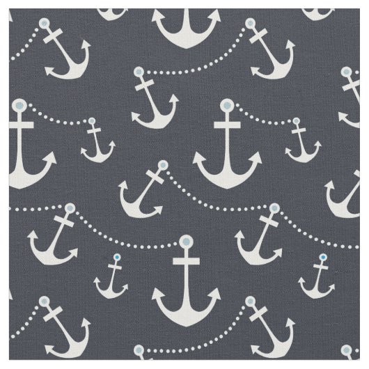 Nautical Navy Blue White Anchors Stof (Close Up)