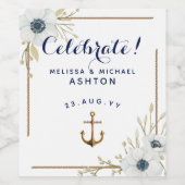 Nautical Navy Blue & White Anemones Dated Wedding Wijn Etiket (Enkel label)