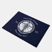 Nautical Navy Blue White Boat Name Anchor Welkom Deurmat (Schuin)