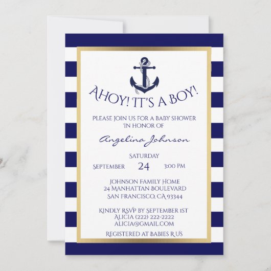 Nautical Navy Blue/White BOY Baby shower Uitnodigt Kaart (Voorkant)