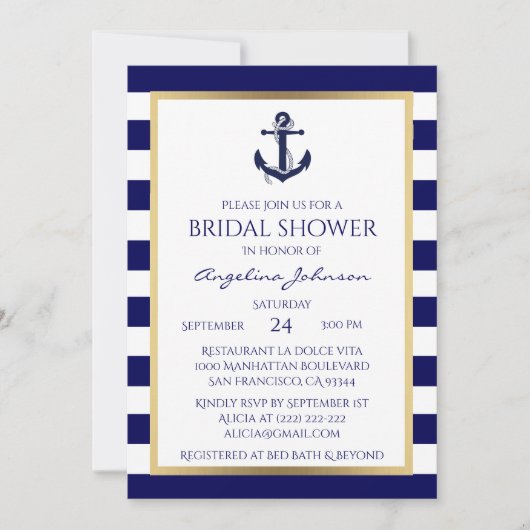 Nautical Navy Blue/White Bridal Shower Invitations Kaart (Voorkant)