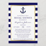 Nautical Navy Blue/White Bridal Shower Invitations Kaart<br><div class="desc">Verbluffende zeescheepvaartkaarten met een bridale douchekaart. Navy blue en white strees patroon met goudfolie lijst en een prachtig anker om die perfecte maar elegante aanraking toe te voegen.  Alle tekst kan worden bewerkt.  De achterkant van de kaart heeft ook Future Mrs... .  Haal de passende stickers voor je gunsten!</div>