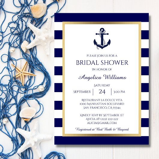 Nautical Navy Blue/White Bridal Shower Invitations Kaart