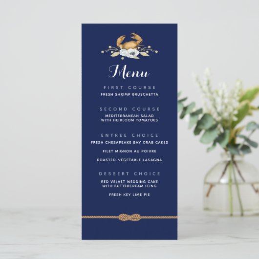 🦀 Nautical Navy Blue & White Coastal Wedding Menu (Staand voorkant)