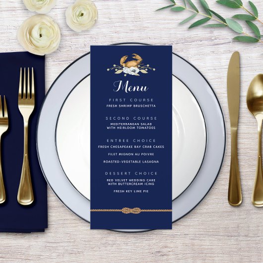 🦀 Nautical Navy Blue & White Coastal Wedding Menu