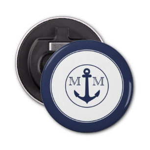 Nautical Navy Blue White Crab Anchor Monogram Button Flesopener