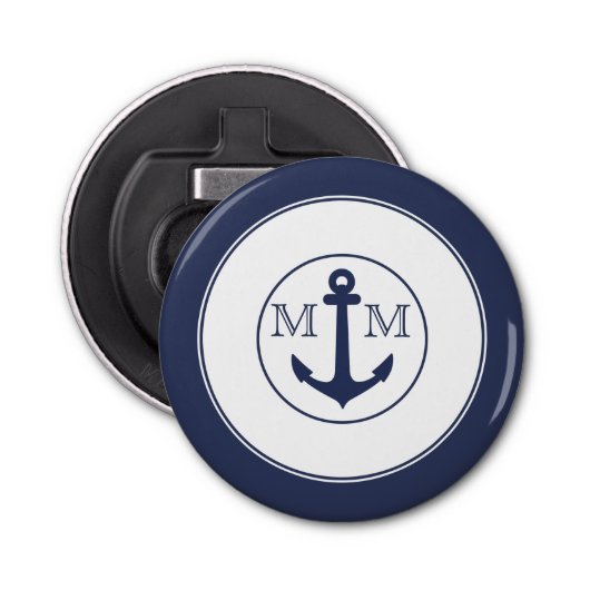 Nautical Navy Blue White Crab Anchor Monogram Button Flesopener (Voorkant)