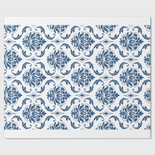 Nautical Navy Blue White Damask Pattern Cadeaupapier (Vlak)