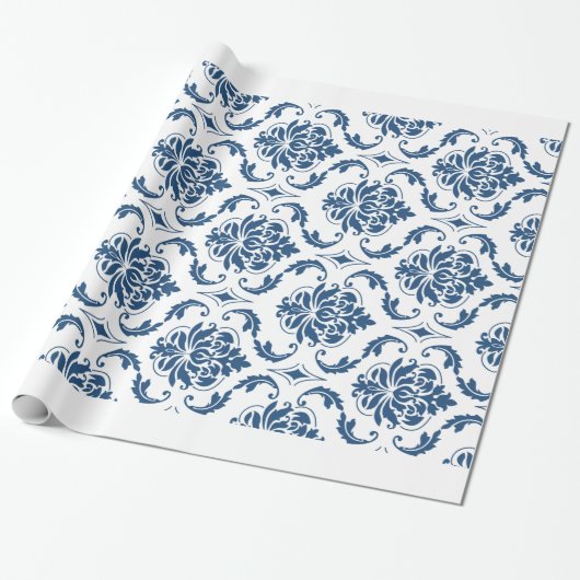 Nautical Navy Blue White  Damask Pattern Cadeaupapier (Uitgerold)