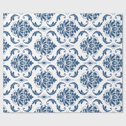 Nautical Navy Blue White  Damask Pattern Cadeaupapier (Vlak)
