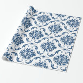 Nautical Navy Blue White  Damask Pattern Cadeaupapier (Uitgerold)