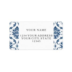 Nautical Navy Blue White  Damask Pattern Etiket