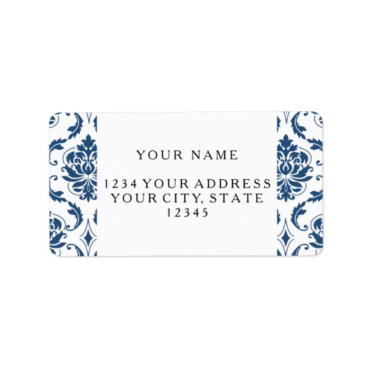 Nautical Navy Blue White  Damask Pattern Etiket (Voorkant)
