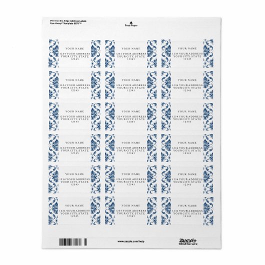 Nautical Navy Blue White  Damask Pattern Etiket (Full Sheet)