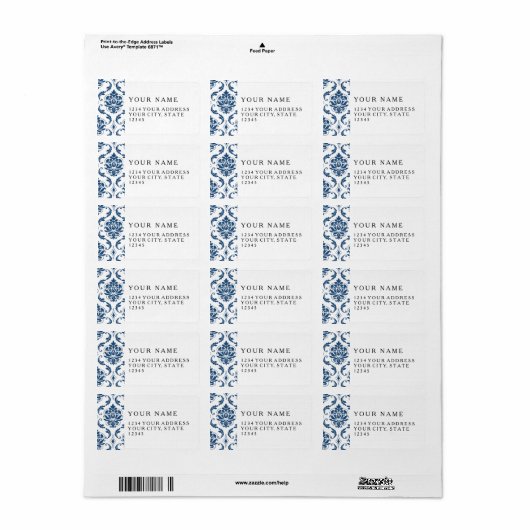 Nautical Navy Blue White Damask Pattern Etiket (Full Sheet)