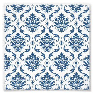 Nautical Navy Blue White  Damask Pattern Foto Afdruk