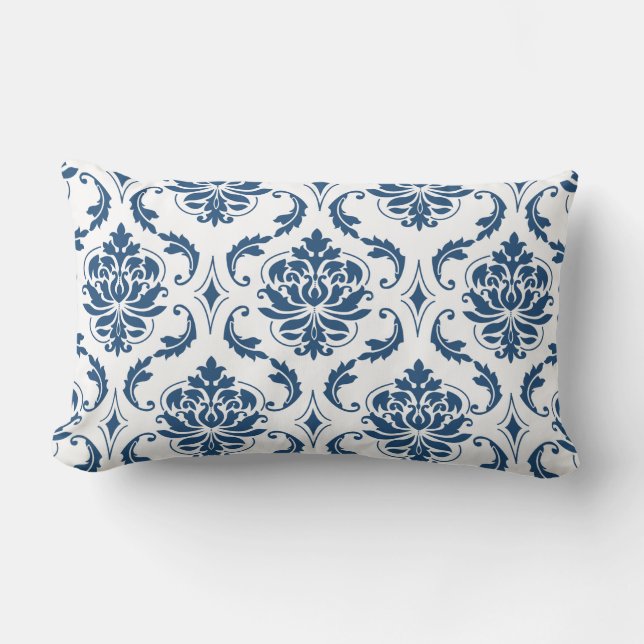 Nautical Navy Blue White  Damask Pattern Kussen (Voorkant)