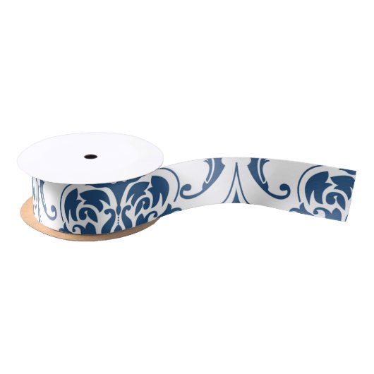 Nautical Navy Blue White  Damask Pattern Satijnen Lint (Spoel)