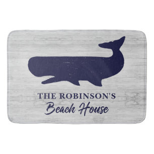 Nautical Navy Blue White Familie naam Rustic Whale Badmat