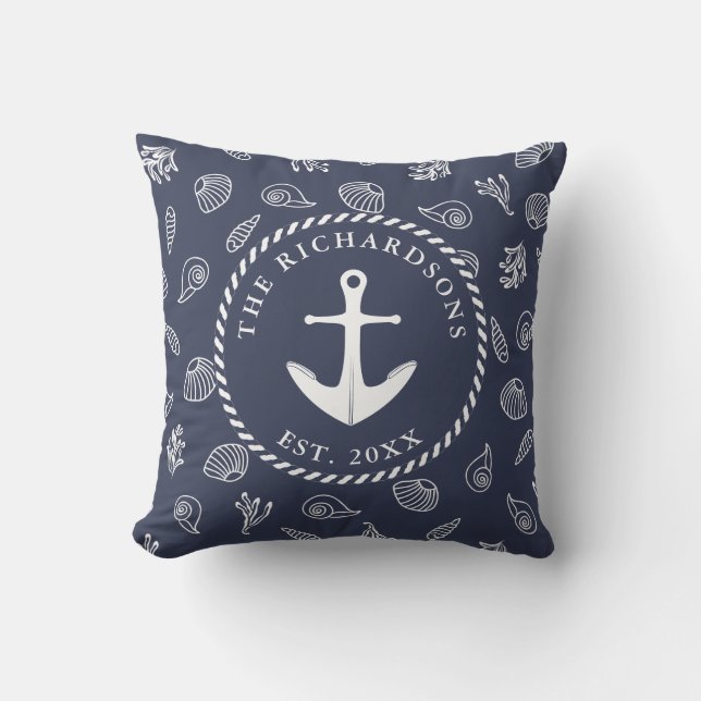 Nautical Navy Blue White Family Name Anchor Buitenkussen (Voorkant)