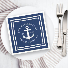 Nautical Navy Blue White Family Name Anchor Servet
