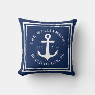 Nautical Navy Blue White Family Name Beach House Kussen