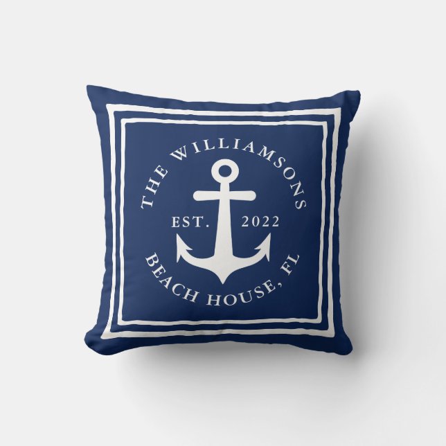 Nautical Navy Blue White Family Name Beach House Kussen (Voorkant)