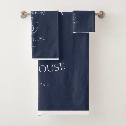 Nautical Navy Blue White Family Name Lake House Bad Handdoek (Insitu)