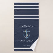 Nautical Navy Blue White Family Name Lake House Badhanddoek (Badhanddoek)