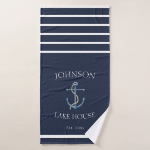 Nautical Navy Blue White Family Name Lake House Badhanddoek