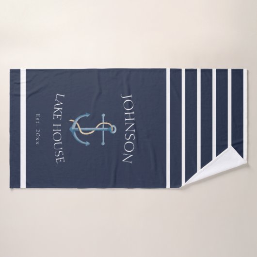 Nautical Navy Blue White Family Name Lake House Badhanddoek (Badhanddoek)