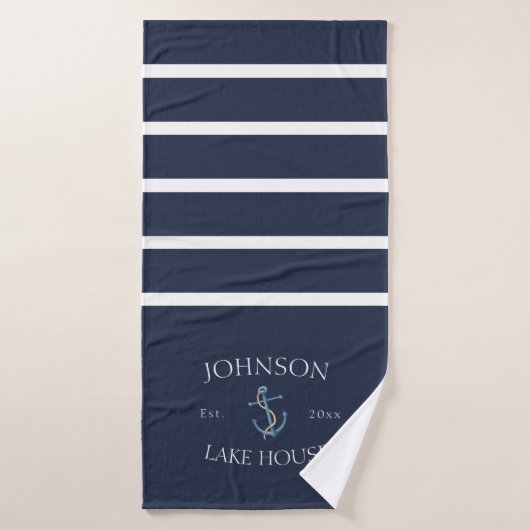 Nautical Navy Blue White Family Name Lake House Badhanddoek (Badhanddoek)