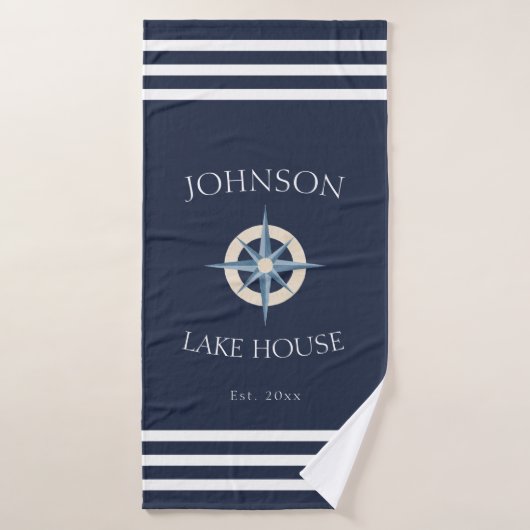 Nautical Navy Blue White Family Name Lake House Badhanddoek (Badhanddoek)