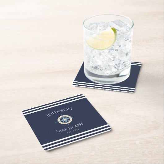 Nautical Navy Blue White Family Name Lake House Kartonnen Onderzetters (Insitu)