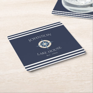 Nautical Navy Blue White Family Name Lake House Kartonnen Onderzetters