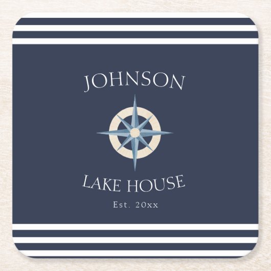 Nautical Navy Blue White Family Name Lake House Kartonnen Onderzetters (Voorkant)