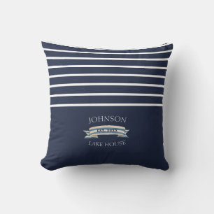 Nautical Navy Blue White Family Name Lake House Kussen