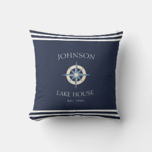 Nautical Navy Blue White Family Name Lake House Kussen