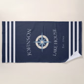 Nautical Navy Blue White Family Name Lake House Strandlaken (Voorkant)